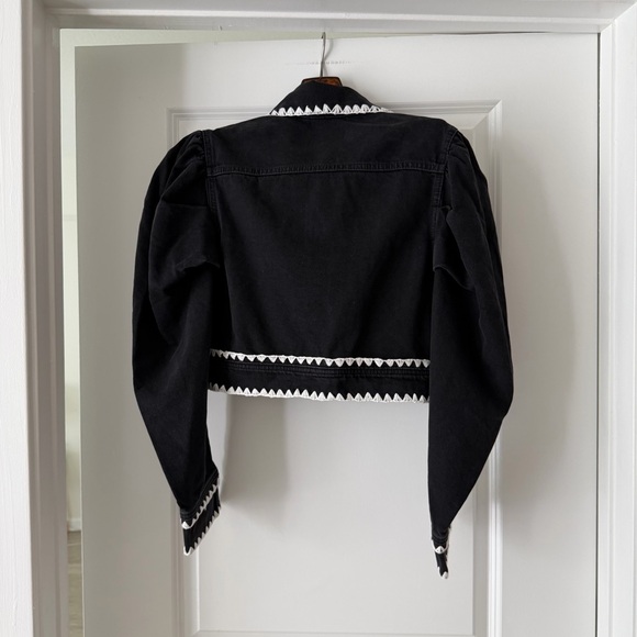 Farm Rio Black Romantic Crochet Embroidery Puff Sleeve Denim Jacket - Picture 8 of 9